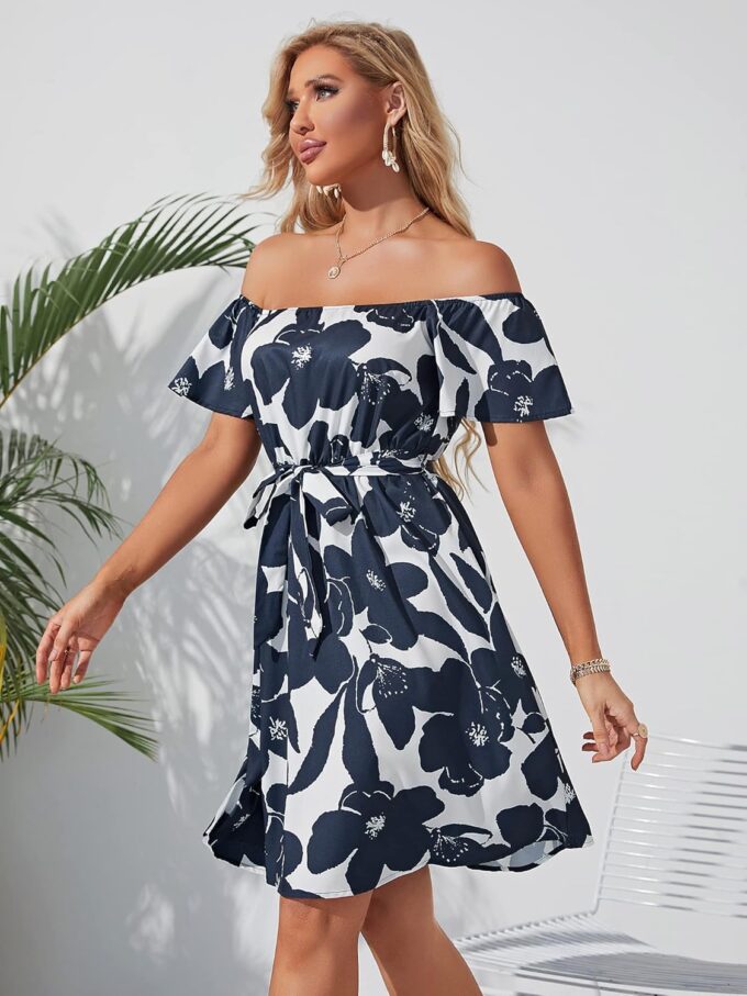 Womens Off Shoulder Ruffle Floral Summer Wedding Guest Dresses A Line Shift Short Skater Dress with Belt – Bild 5