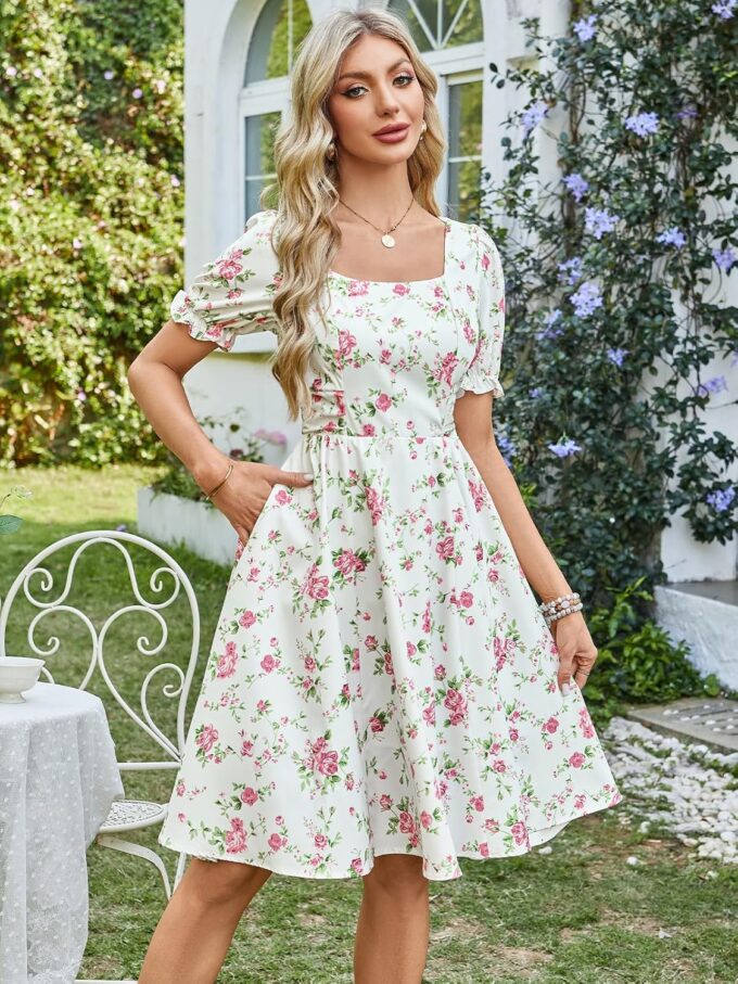 Belle Poque Vintage Dress for Women 1950s Cottagecore Cocktail Dresses Square Neck Puff Sleeve Dress with Pockets – Bild 2