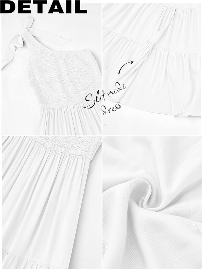 MEROKEETY Women's Summer One Shoulder Sleeveless Knot Smocked Midi Dress Split Tiered Flowy Dresses – Bild 5