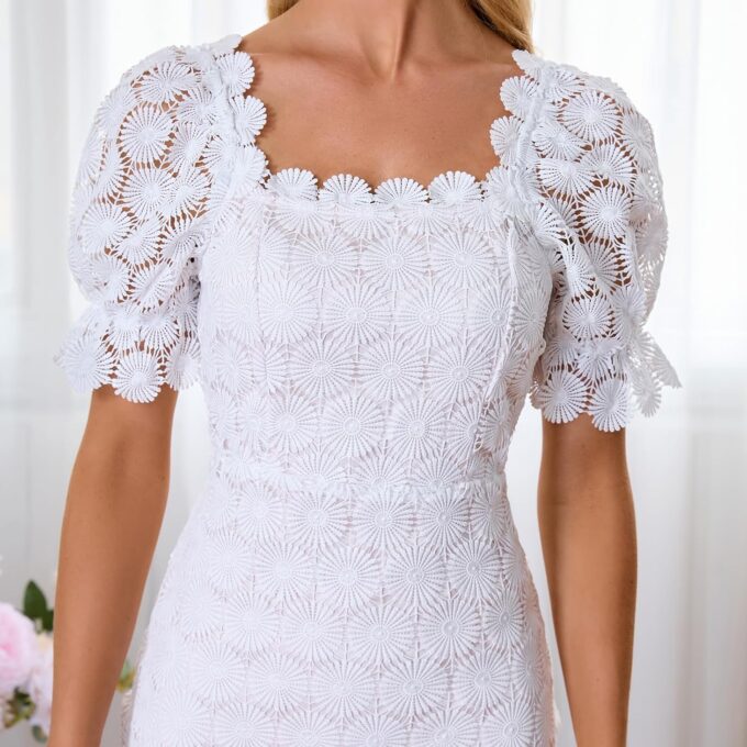 Cololura Elegant Sexy Floral Lace Short Sleeve Off Shoulder Evening Gown Party Formal Bodycon Midi Dress – Bild 6