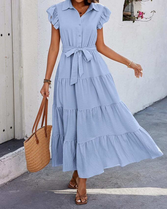 dowerme Women's Summer Casual Dresses 2025 Cap Ruffle Sleeve V Neck Button Belted Tiered Boho Maxi Dress with Pockets – Bild 7
