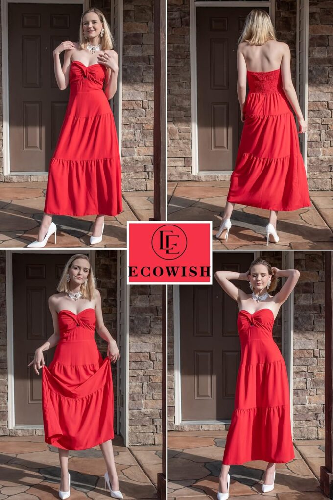 ECOWISH Women's Summer Strapless Maxi Dress 2025 Off Shoulder Hollow Out Smocked A Line Tube Tiered Long Dresses – Bild 5