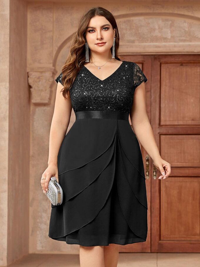 Miusol Women's Plus Size Sequin Lace V Neck Ruffle Tiered Chiffon Cocktail Party Dress – Bild 3