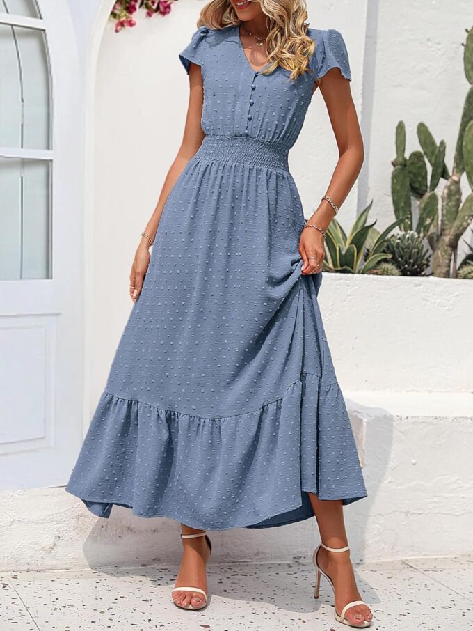 PRETTYGARDEN Womens Dresses 2025 Summer Maxi Dress Boho Short Sleeve V Neck Swiss Dot Ruffle Tiered Smocked Flowy Long Dress – Bild 2