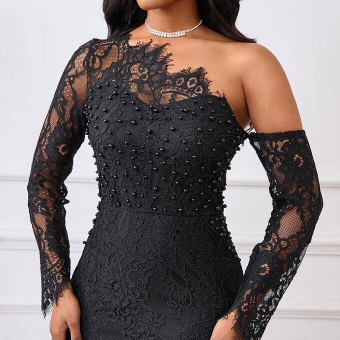 Cololura Women Elegant Floral Lace Patchwork Long Sleeve Evening Gown Party Cocktail Bodycon Dress – Bild 6