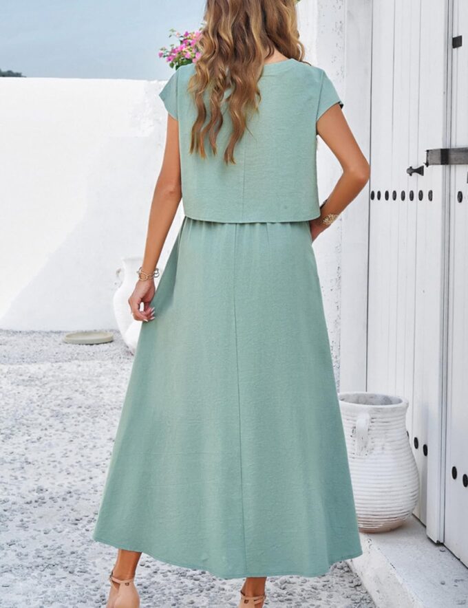 HangNiFang Summer Skirt Sets Women 2 Piece Outfits Cap Sleeve Top Elastic Waist Lightweight Maxi Dress Sets with Pockets – Bild 3