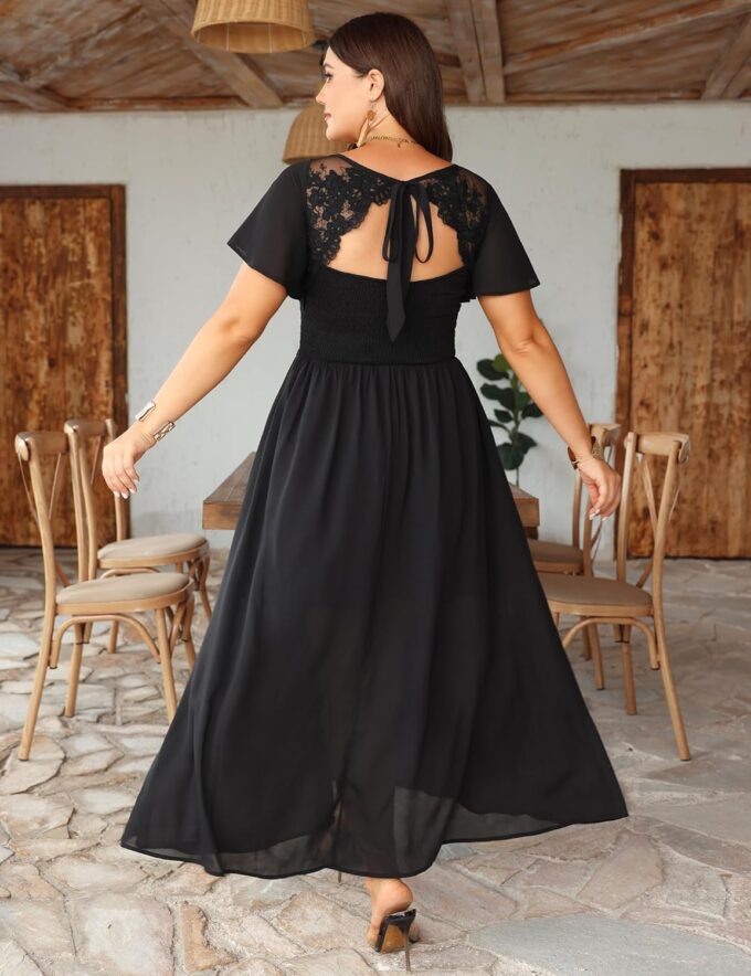 Women's Plus Size Lace Maxi Dress Short Sleeve V Neck Flowy Empire Waist Smocked Back Wedding Guest Dress – Bild 5