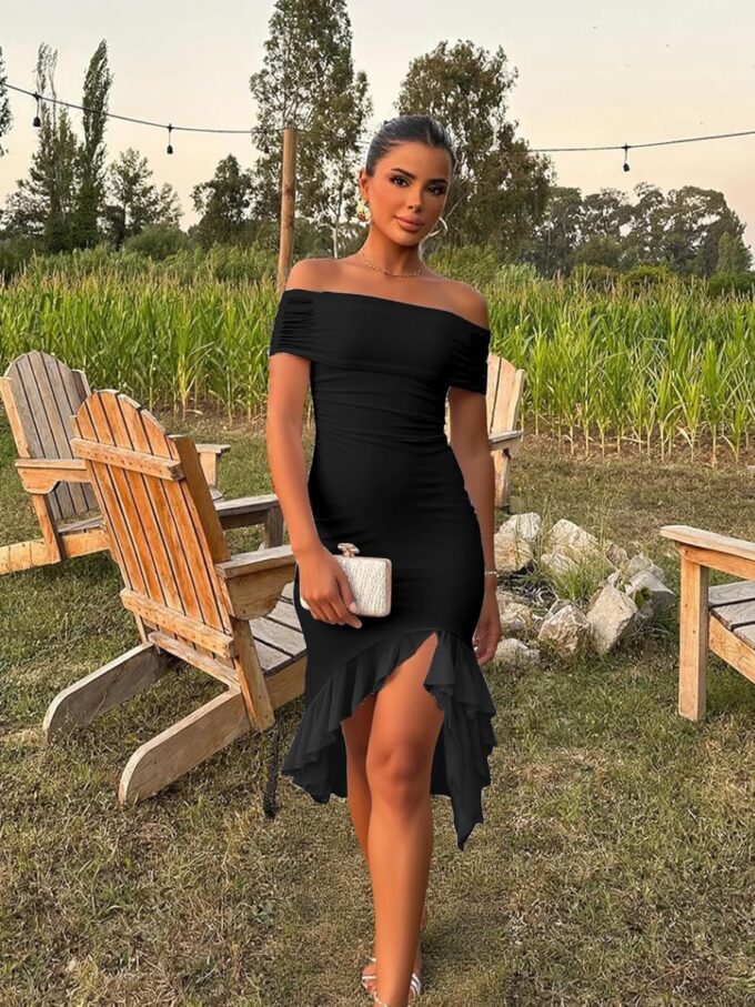 BORIFLORS Women's Sexy Off The Shoulder Bodycon Midi Dresses Elegant Ruched Ruffle Hem Cocktail Party Dress – Bild 5