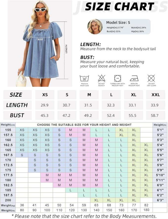 Denim Dress for Women, Puff Short Sleeve Jean Dress Square Neck Denim Romper with Pockets – Bild 7