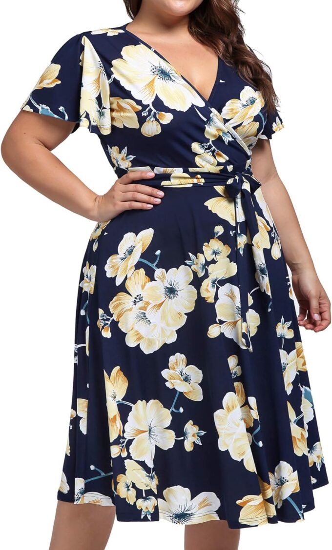 kissmay Plus Size Womens V Neck Floral Cocktail Party Midi Dresses with Pocket – Bild 4