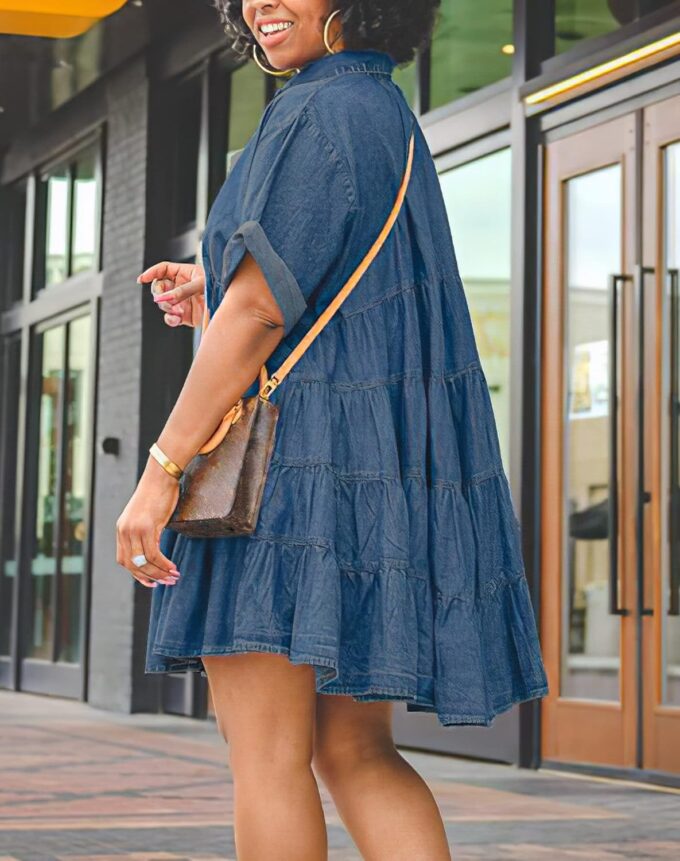 Womens Denim Babydoll Dresses Button Down Tiered Jean Dress – Bild 4
