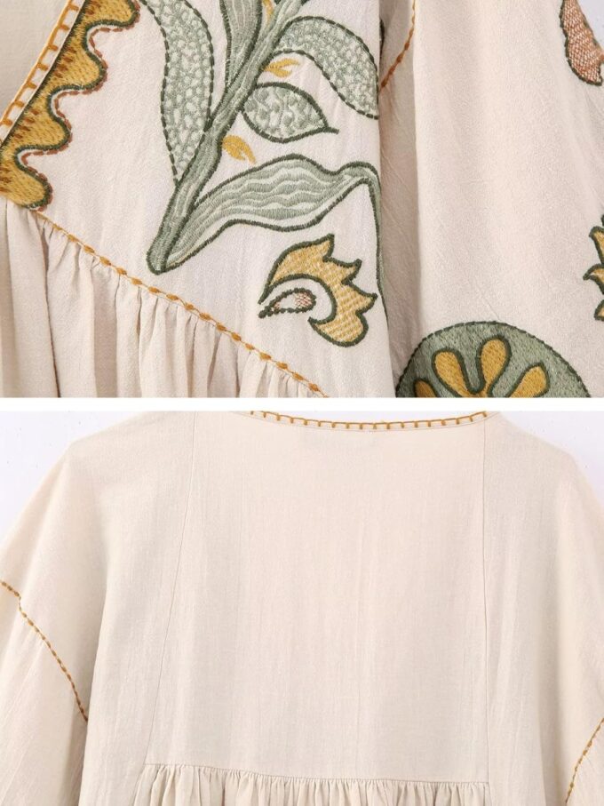 Womens Oversized Embroidered Dress with V-Neck and 3/4 Sleeves Vintage Embroidery Babydoll Dress – Bild 7