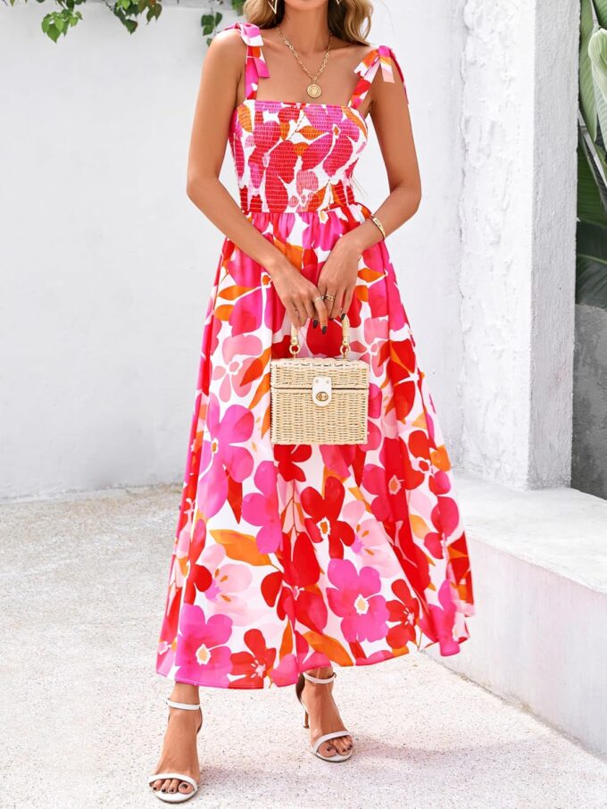 PRETTYGARDEN Womens Summer Dresses Floral Sleeveless Smocked Maxi Dress Boho Spaghetti Strap A Line Flowy Beach Long Sundress – Bild 2