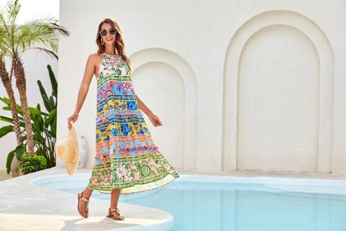 GRACE KARIN Women's Maxi Boho Dress Casual Summer Loose Long Floral Sundresses Flowy Halter Tiered Beach Vacation Outfits – Bild 5
