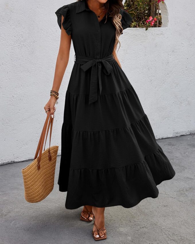 dowerme Women's Summer Casual Dresses 2025 Cap Ruffle Sleeve V Neck Button Belted Tiered Boho Maxi Dress with Pockets – Bild 2