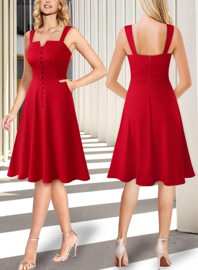 VFSHOW Damen Business-Kleid mit quadratischem Ausschnitt, Knöpfen, Taschen, Arbeit, Büro, elegant, Vintage, Kirche, A-Linie, schwingendes Cami-Kleid – Bild 2