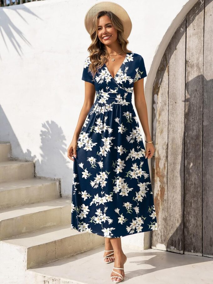 Gracyoga Women's Summer Dresses 2025 Short Sleeve Maxi Dress Casual V Neck Flowy Sundress with Pockets – Bild 4