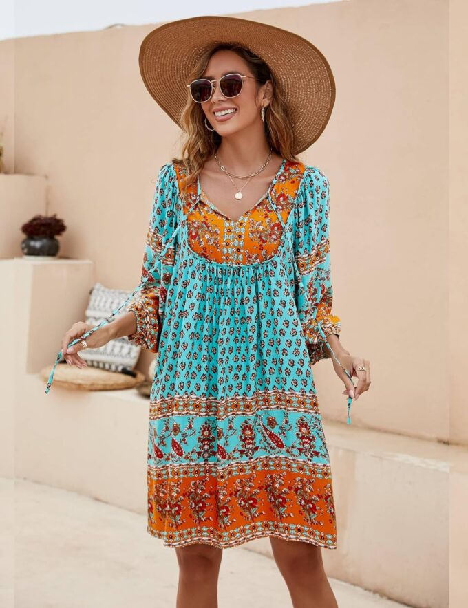 Bluetime Women Casual Summer Dress Boho V Neck 3/4 Sleeve Babydoll Floral Print Flowy Beach Dress – Bild 4