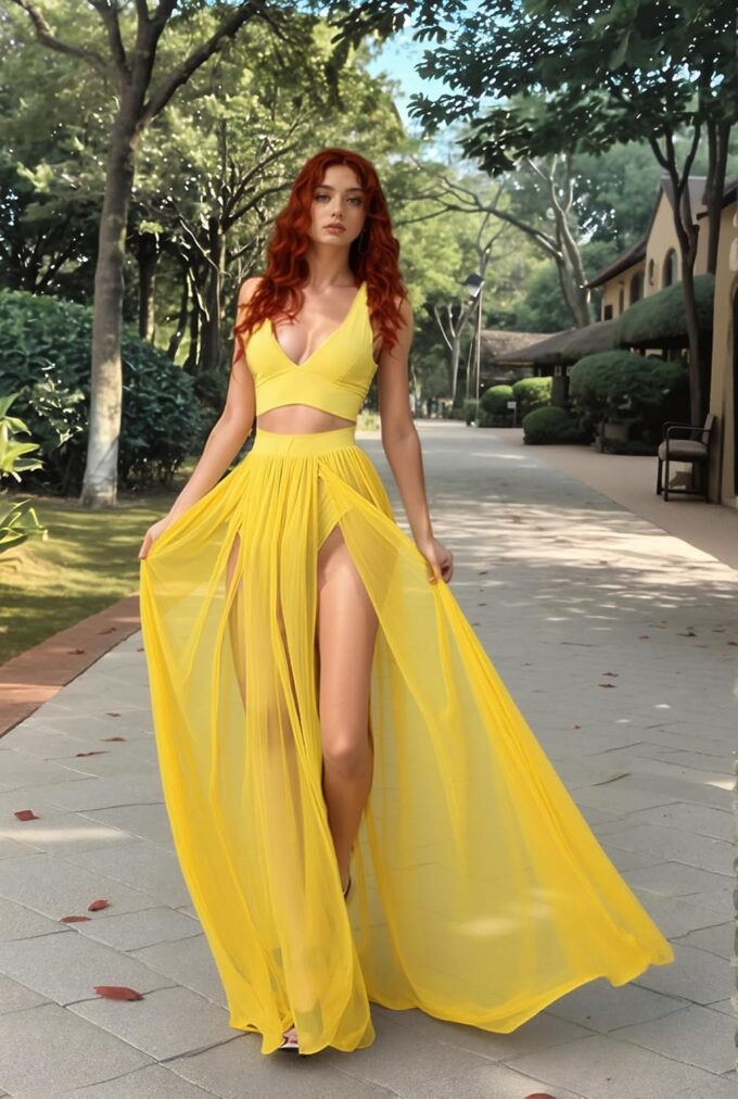 Women Sexy 2 Piece Outfits Dress Chiffon Strap Deep V Neck Bra Crop Top High Split Maxi Dresses Skirt Set – Bild 3