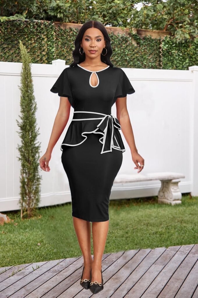 Elegantes Schößchen-Kleid für Damen, knielang, Vintage, figurbetont, geteilter Reißverschluss am Rücken – Bild 3
