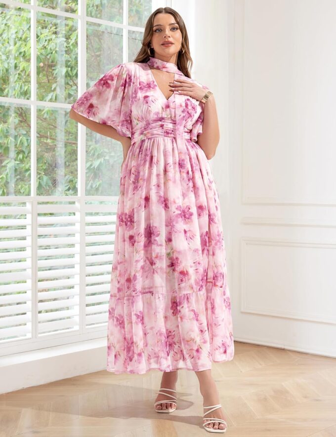 Women's 2025 Floral Summer Dress Smocked V Neck Boho Plus Size Beach Party Wedding Guest Ruffle Long Dresses – Bild 2