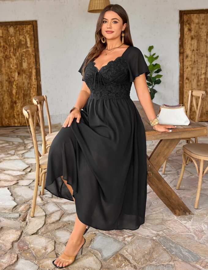 Women's Plus Size Lace Maxi Dress Short Sleeve V Neck Flowy Empire Waist Smocked Back Wedding Guest Dress – Bild 4