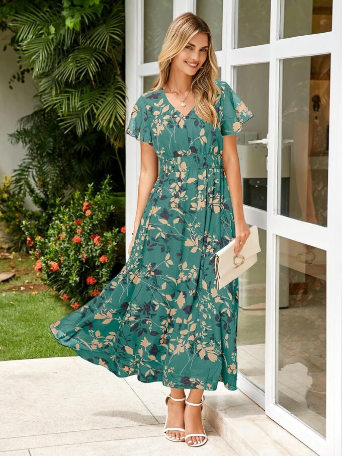 Simplee Womens Floral Maxi Dress - Short Sleeve Summer Boho Wedding Guest Dress Empire Waist Chiffon Modest Midi Dresses – Bild 7