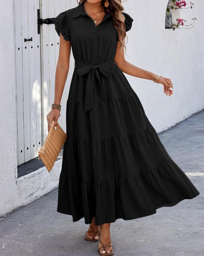 dowerme Women's Summer Casual Dresses 2025 Cap Ruffle Sleeve V Neck Button Belted Tiered Boho Maxi Dress with Pockets – Bild 6