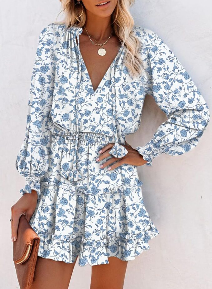Dokotoo Summer Dresses for Women 2025 Boho Floral Drawstring V Neck Smocked Long Sleeve Ruffle Tiered Chiffon Mini Dress – Bild 3