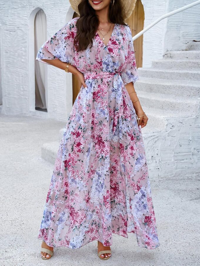 Womens Half Sleeve Wrap V Neck Chiffon Floral Casual Maxi Dress Spring Summer Wedding Guest Dresses for Women 2025 – Bild 2