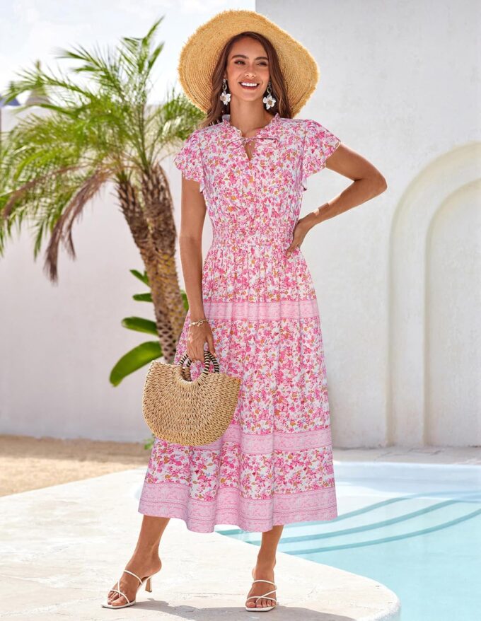 GRACE KARIN Damen Kurze Rüschenärmel Blumenkleid Sommer Rundhals A-Linie Maxikleid Casual Strand Böhmisch Kleider – Bild 2