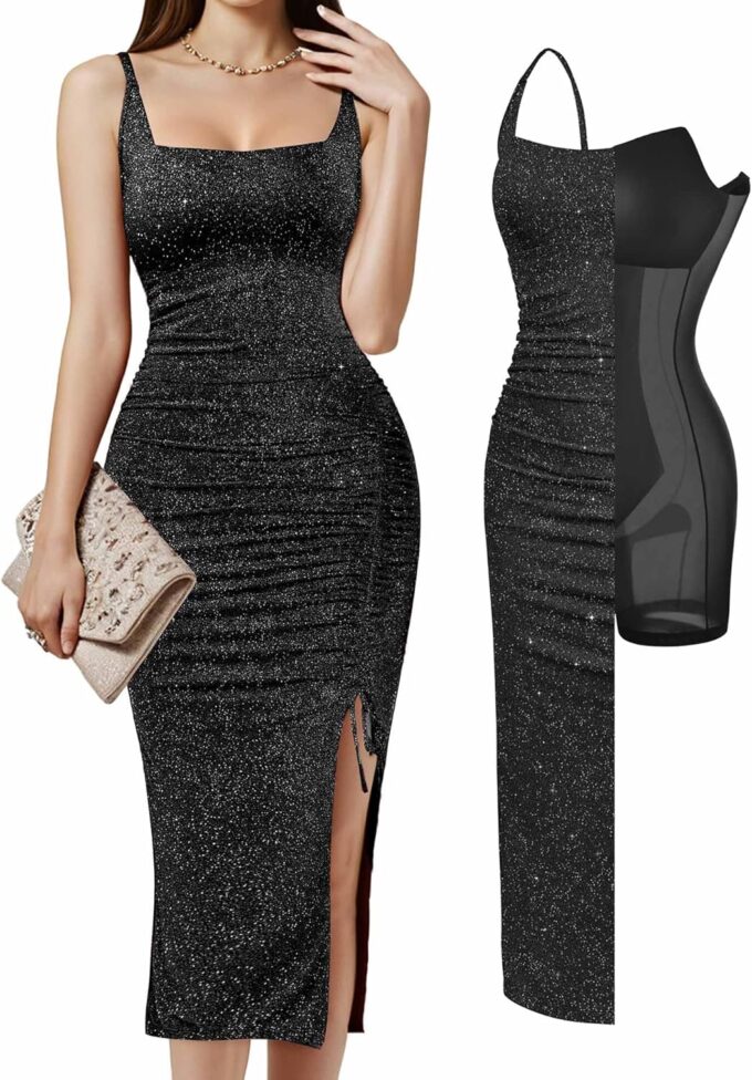 Popilush Sparkly Cocktail Dresses for Women Tummy Control Formal Shapewear Dress Square Neck Ruched Midi Dress Side Slit