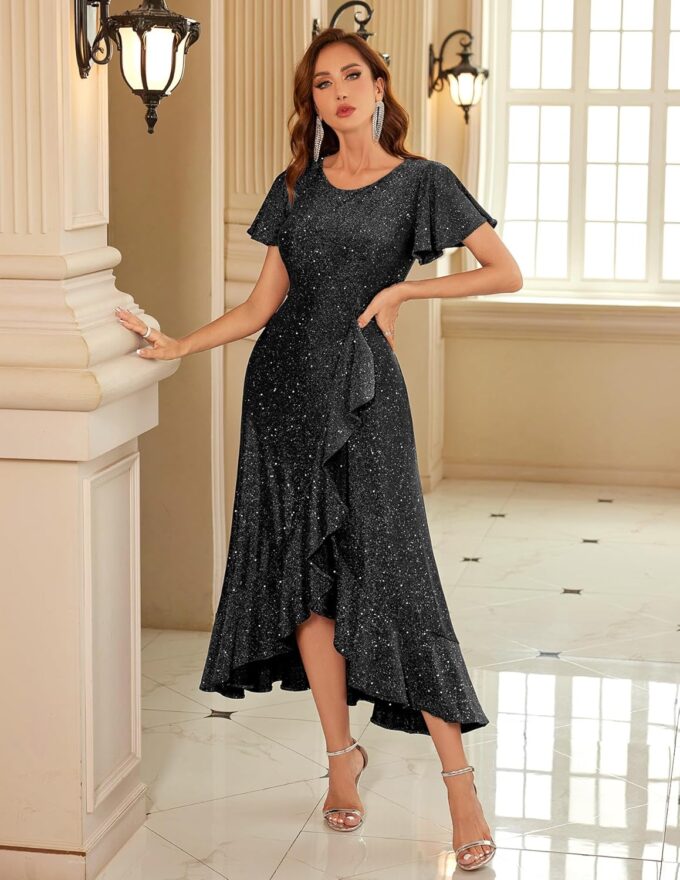 BeryLove Women Sequin Formal Party Dress Flutter Short Sleeve Wedding Cocktail Long Evening Dress – Bild 6