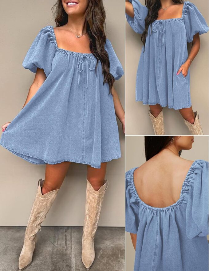 Denim Dress for Women, Puff Short Sleeve Jean Dress Square Neck Denim Romper with Pockets – Bild 6