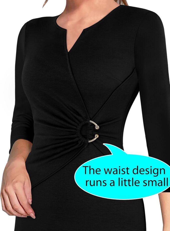 VFSHOW Elegantes Damenkleid mit V-Ausschnitt, gerüscht, für Arbeit, Büro, Business, Kirche, figurbetontes Etuikleid – Bild 4