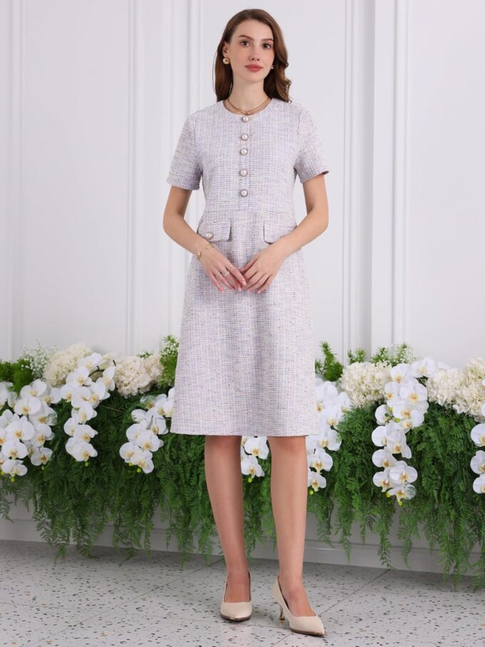 Hobemty Damen-Kleid, kurzärmelig, A-Linie, Knopfdekor, elegante Arbeit, Tweed-Kleider – Bild 3