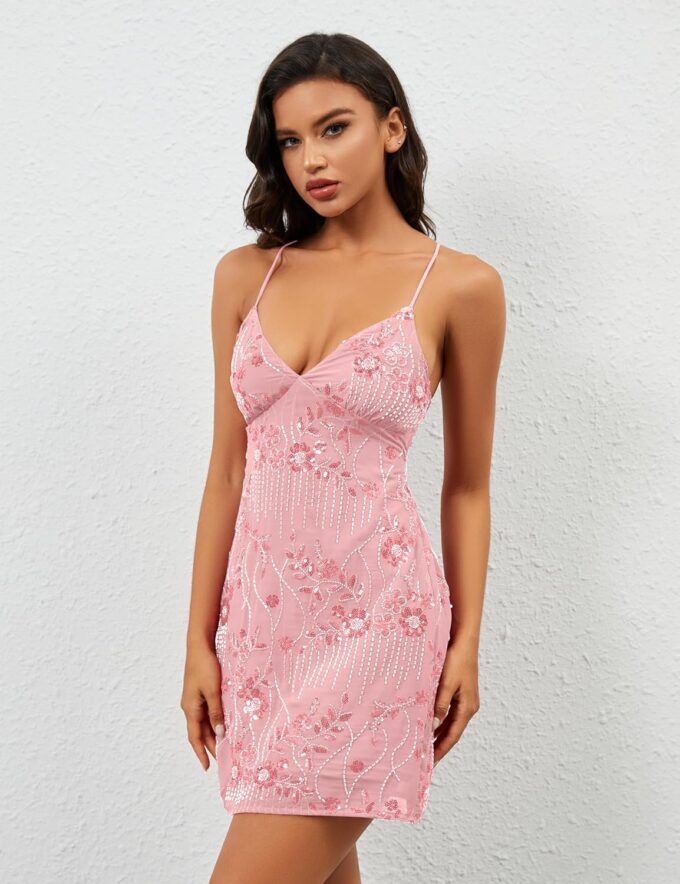 Women Sequin Sparkly Rhinestone Mini Dress Sleeveless Backless Deep V Neck Glitter Short Cami Dress Party Clubwear – Bild 3