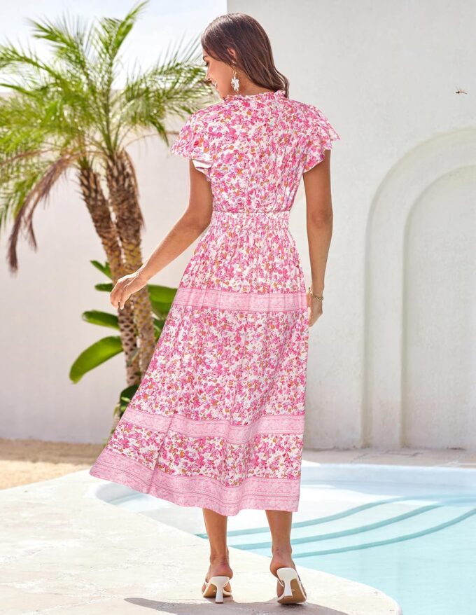 GRACE KARIN Damen Kurze Rüschenärmel Blumenkleid Sommer Rundhals A-Linie Maxikleid Casual Strand Böhmisch Kleider – Bild 4