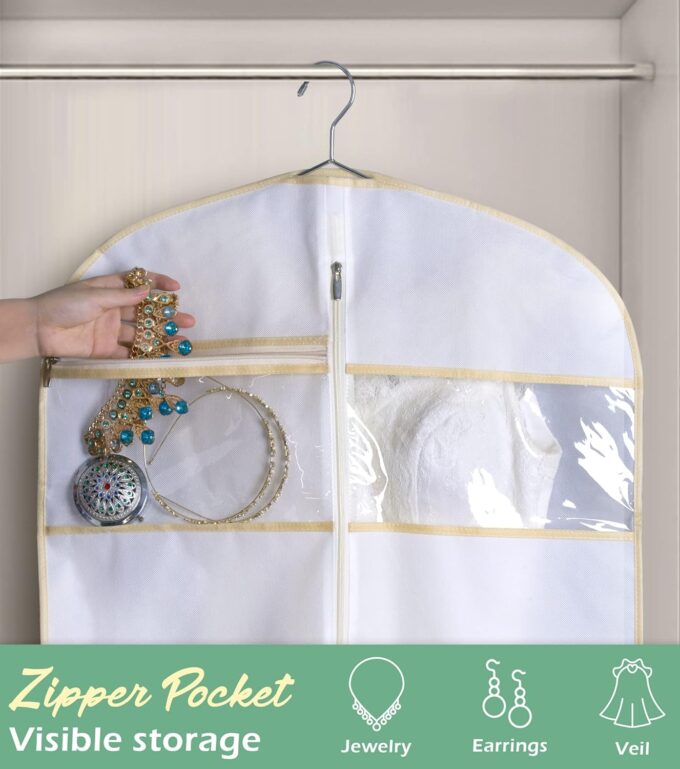MISSLO Brautkleider Kleidersack in voller Länge Kleiderhülle Brautjungfer Mäntel Kleid Schutz mit Extra Tasche Aufbewahrung Zwickel Hängende Kleiderträge 178 cm (Weiß) – Bild 4