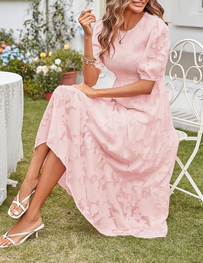 MEROKEETY Women's 2025 Summer Puff Sleeve Smocked Floral Dress Crewneck Lace Flowy Tiered Midi Dresses – Bild 8