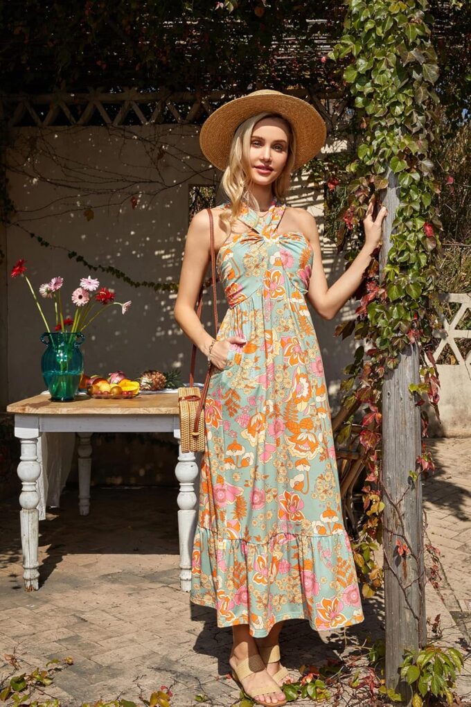GRACE KARIN 2025 Women's Criss Cross Halterneck Sleeveless Summer Floral Print Flowy A Line Maxi Dress – Bild 4