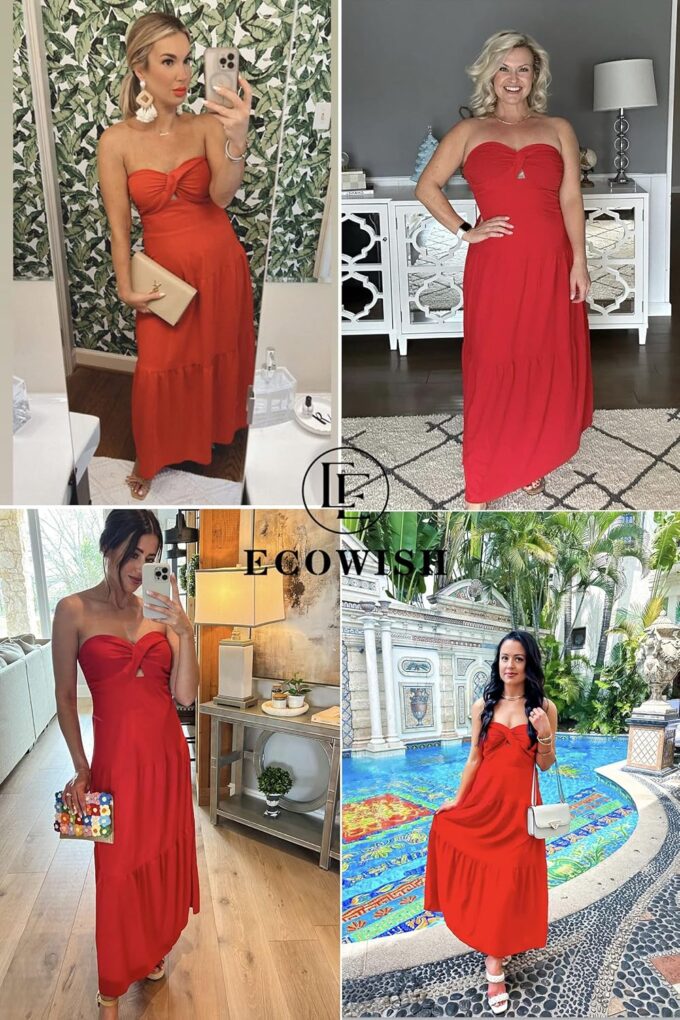 ECOWISH Women's Summer Strapless Maxi Dress 2025 Off Shoulder Hollow Out Smocked A Line Tube Tiered Long Dresses – Bild 4