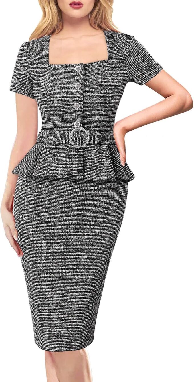 VFSHOW Damen 2024 Business Arbeit Büro Quadratischer Ausschnitt Gürtel Schößchen Knöpfe Slim Bodycon Etuikleid