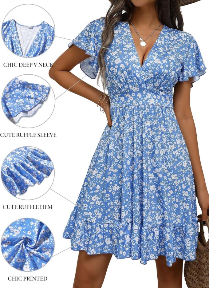 TORARY Womens Summer Dresses 2025 Floral Cap Sleeve Wrap V Neck Ruffle A-Line Sun Dress – Bild 2
