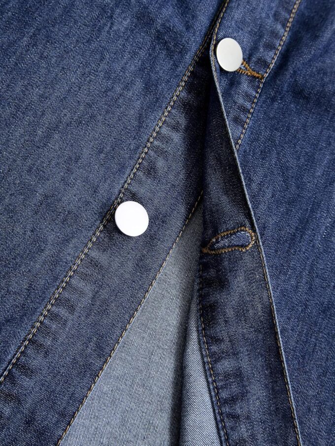 Women Denim Shirt Dress V Neck Short Sleeve Long Bottom Down A-Line Jeans Dresses with Pockets – Bild 5