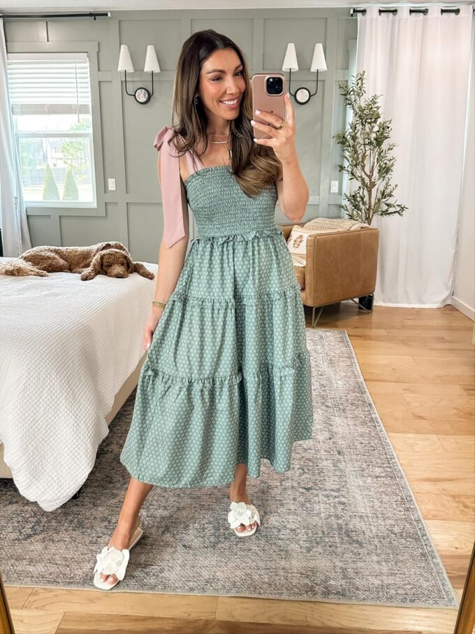 Wenrine Womens Summer Floral Maxi Dress Smocked Tie Shoulder Boho Sleeveless Ruffle Tiered Casual Beach Dresses – Bild 2