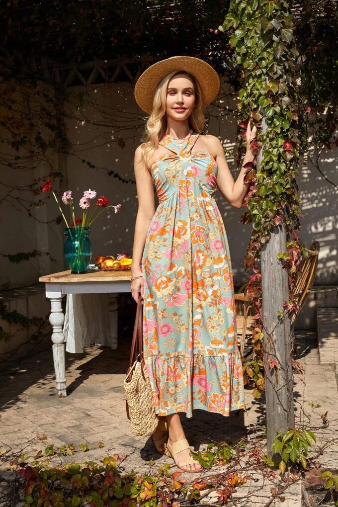GRACE KARIN 2025 Women's Criss Cross Halterneck Sleeveless Summer Floral Print Flowy A Line Maxi Dress – Bild 5