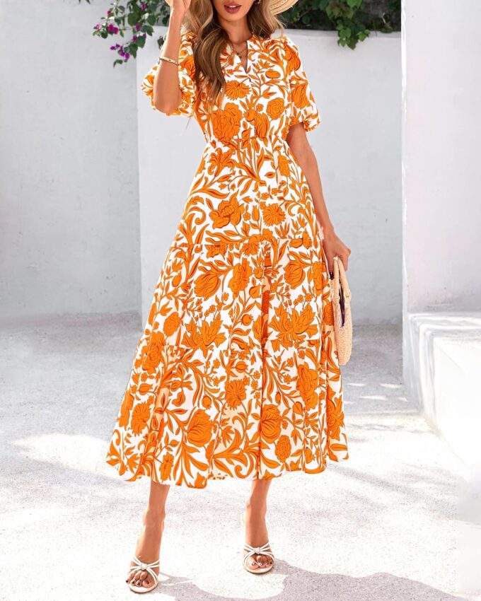 dowerme Womens Summer Dresses 2025 Casual Puff Short Sleeve V Neck Floral Boho Tiered Ruffle Maxi Dress with Pockets – Bild 3