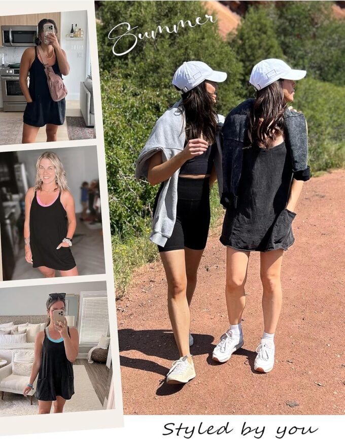 Yidarer Womens Summer Athletic Mini Dress Sleeveless Spaghetti Strap Built-in Shorts V Neck Sundress with Pockets – Bild 2