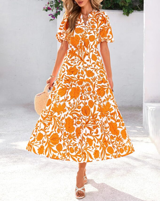 dowerme Womens Summer Dresses 2025 Casual Puff Short Sleeve V Neck Floral Boho Tiered Ruffle Maxi Dress with Pockets – Bild 8